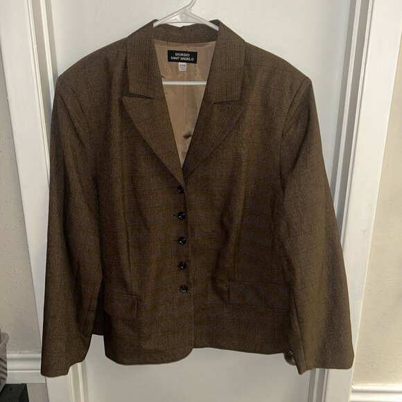 Vintage Giorgio Sant Angelo Brown Plaid Pleated Blazer Skirt Set Women’s 24 W - Picture 2 of 12